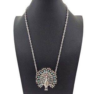 VTG Peacock Statement Necklace Silver Tone 18"  3" Pendant Rhinestones Unmarked